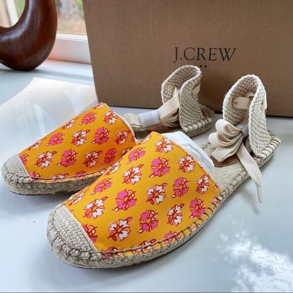 J. CREW Printed canvas ankle-wrap espadrille sandals Pale Guava Block size 8 NEW - Picture 4 of 8